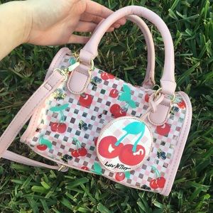 Betsey Johnson pink checkered cherries & bees